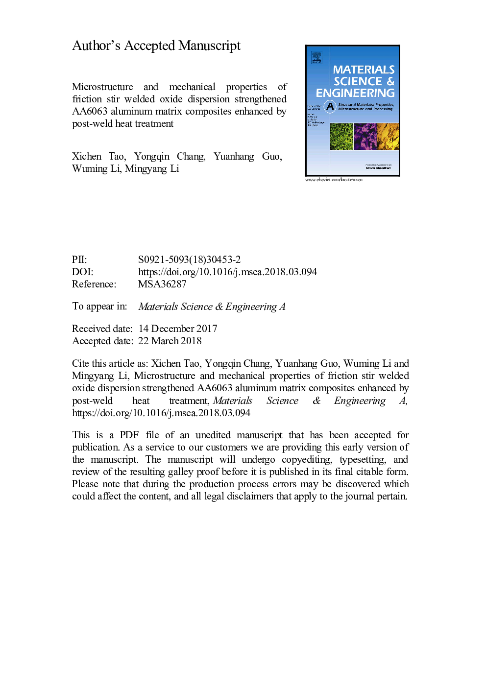 Microstructure and mechanical properties of friction stir welded oxide dispersion strengthened AA6063 aluminum matrix composites enhanced by post-weld heat treatment