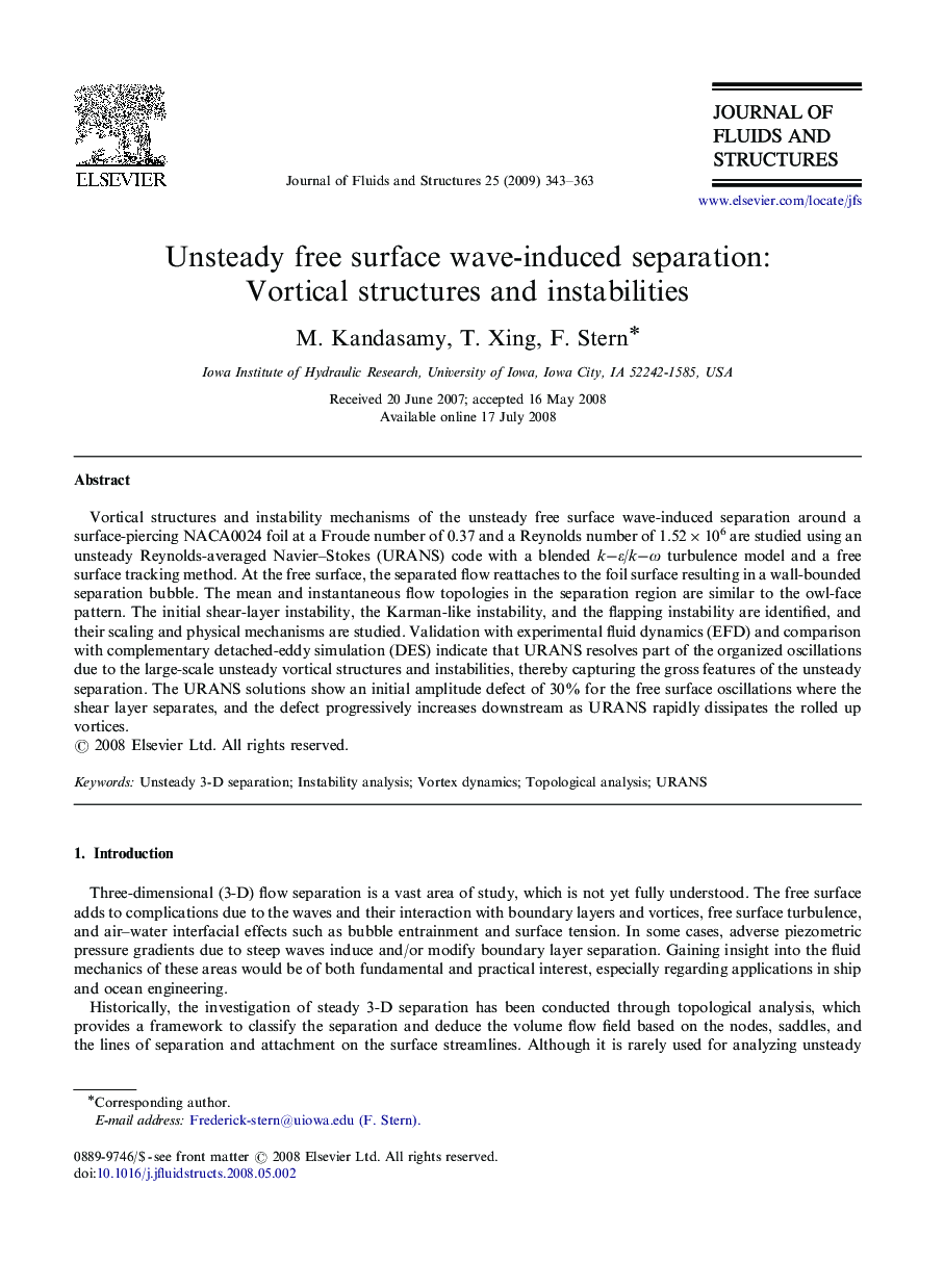 Unsteady free surface wave-induced separation: Vortical structures and instabilities