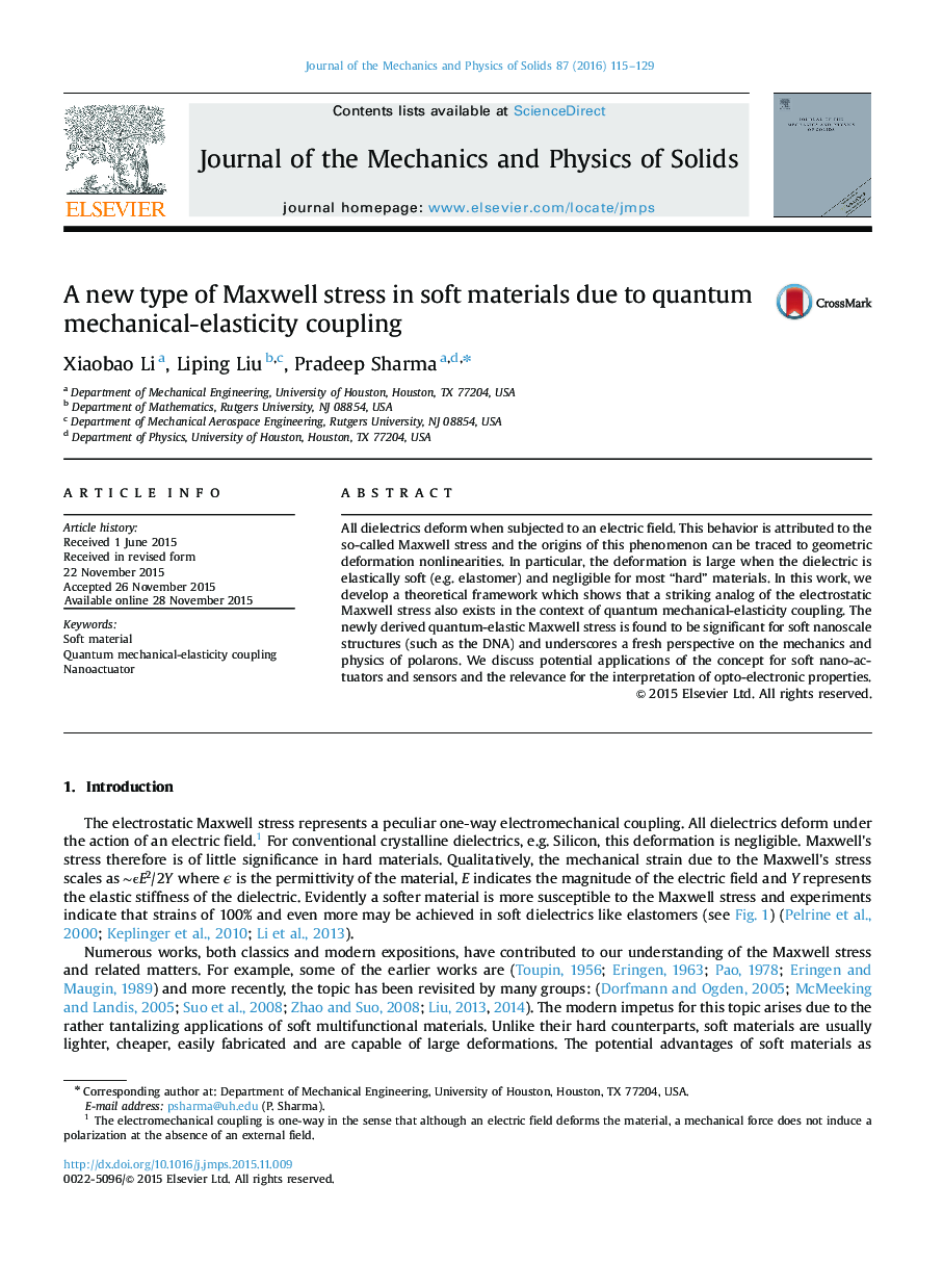 A new type of Maxwell stress in soft materials due to quantum mechanical-elasticity coupling