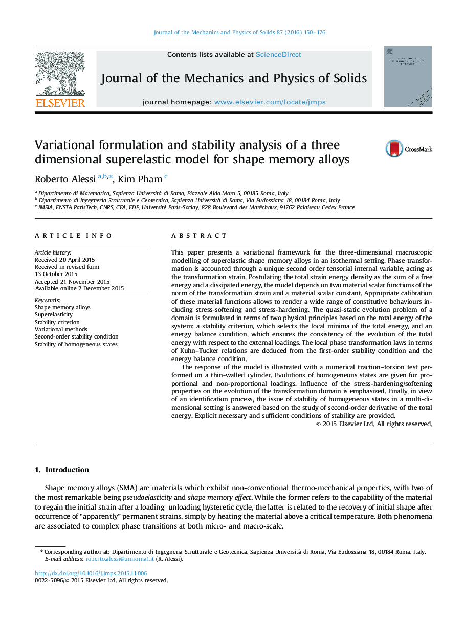 Variational formulation and stability analysis of a three dimensional superelastic model for shape memory alloys