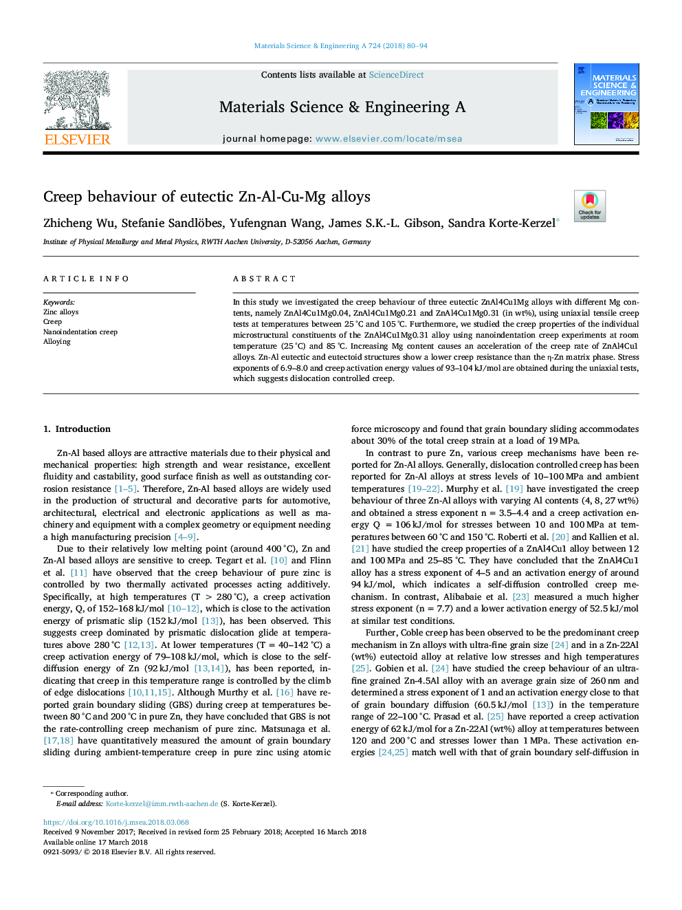 Creep behaviour of eutectic Zn-Al-Cu-Mg alloys