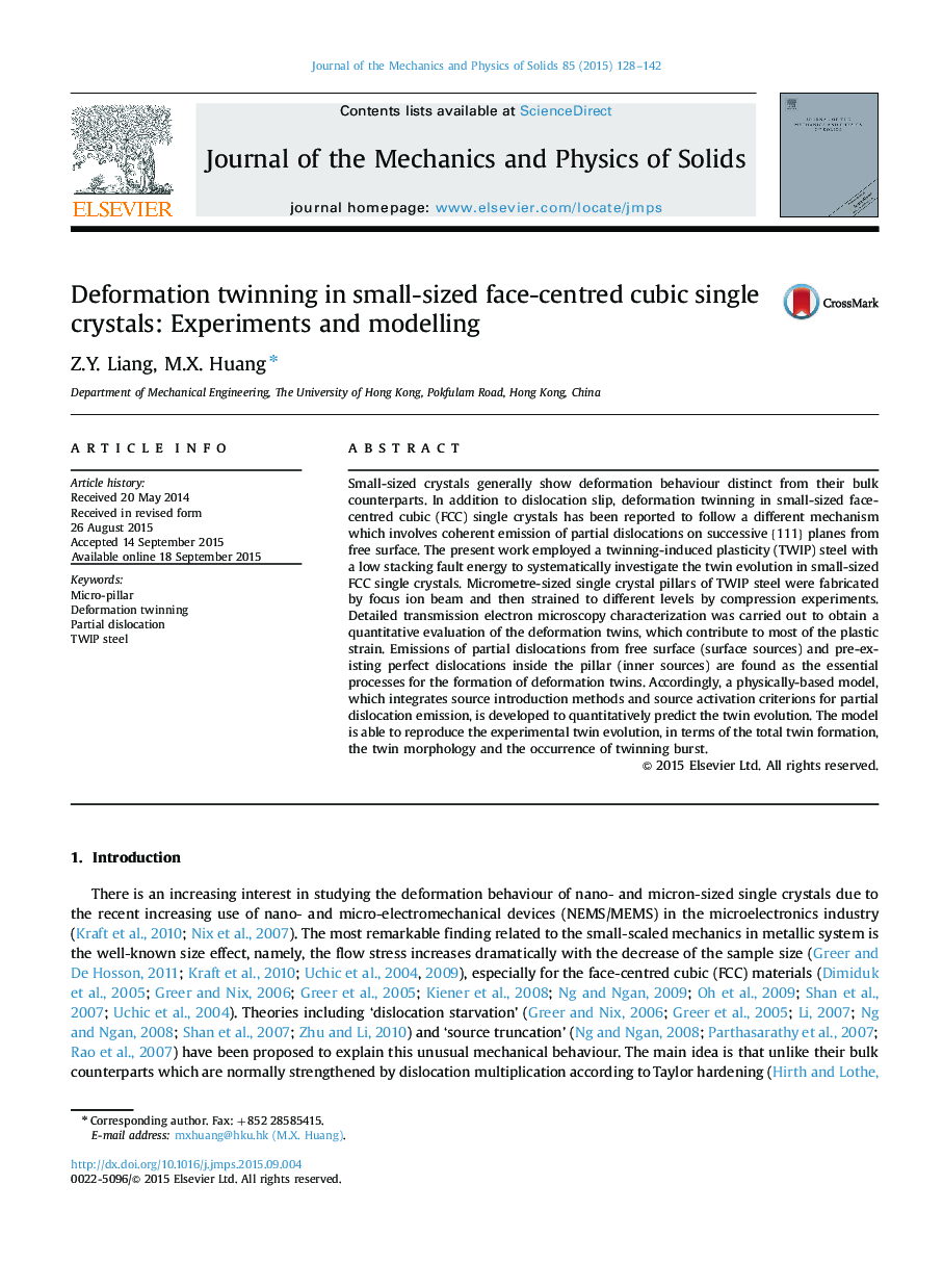 Deformation twinning in small-sized face-centred cubic single crystals: Experiments and modelling