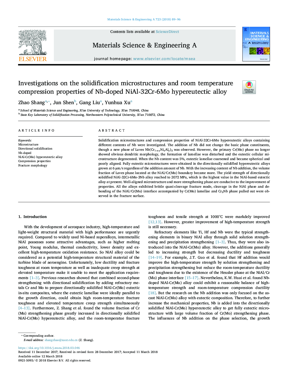 Investigations on the solidification microstructures and room temperature compression properties of Nb-doped NiAl-32Cr-6Mo hypereutectic alloy