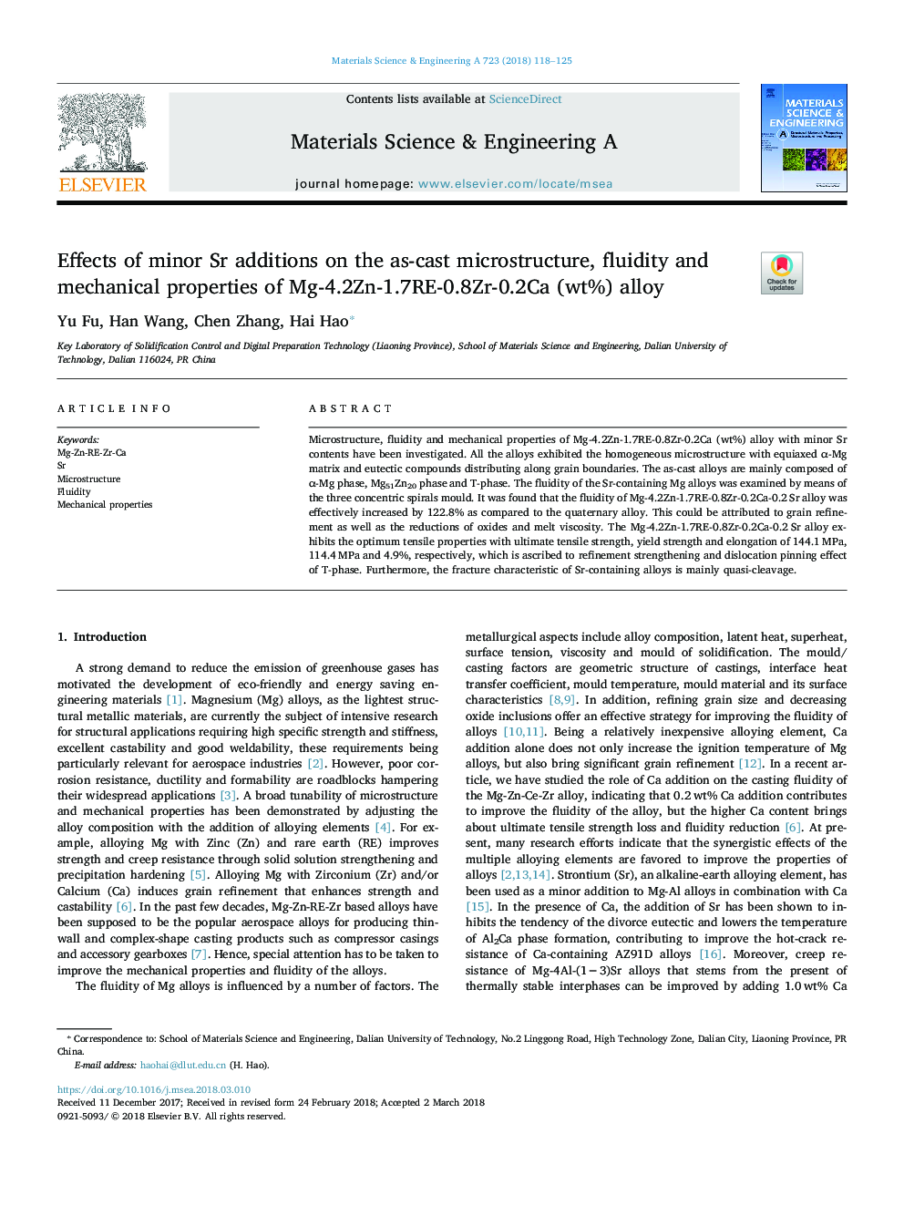 Effects of minor Sr additions on the as-cast microstructure, fluidity and mechanical properties of Mg-4.2Zn-1.7RE-0.8Zr-0.2Ca (wt%) alloy