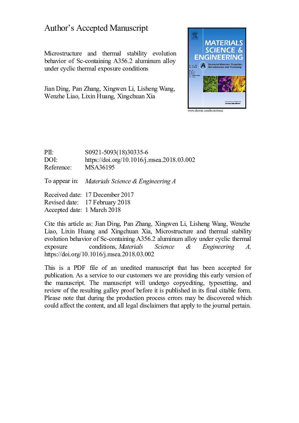 Microstructure and thermal stability evolution behavior of Sc-containing A356.2 aluminum alloy under cyclic thermal exposure conditions