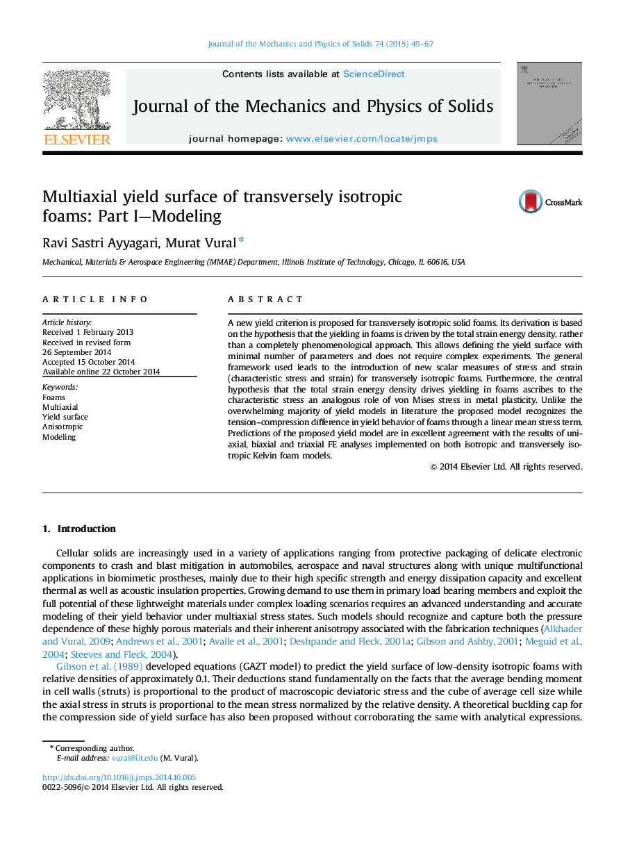 Multiaxial yield surface of transversely isotropic foams: Part I—Modeling