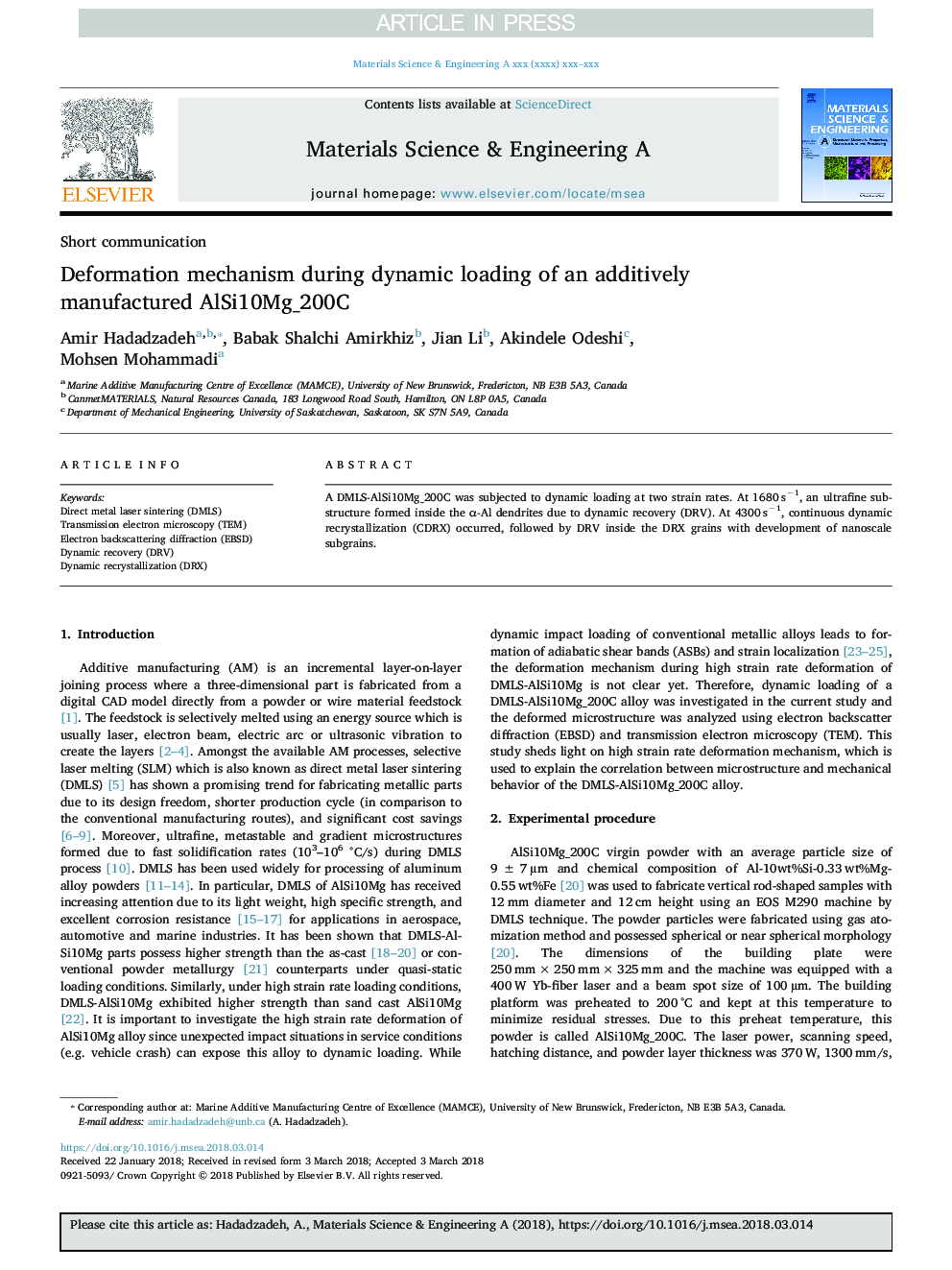 Deformation mechanism during dynamic loading of an additively manufactured AlSi10Mg_200C