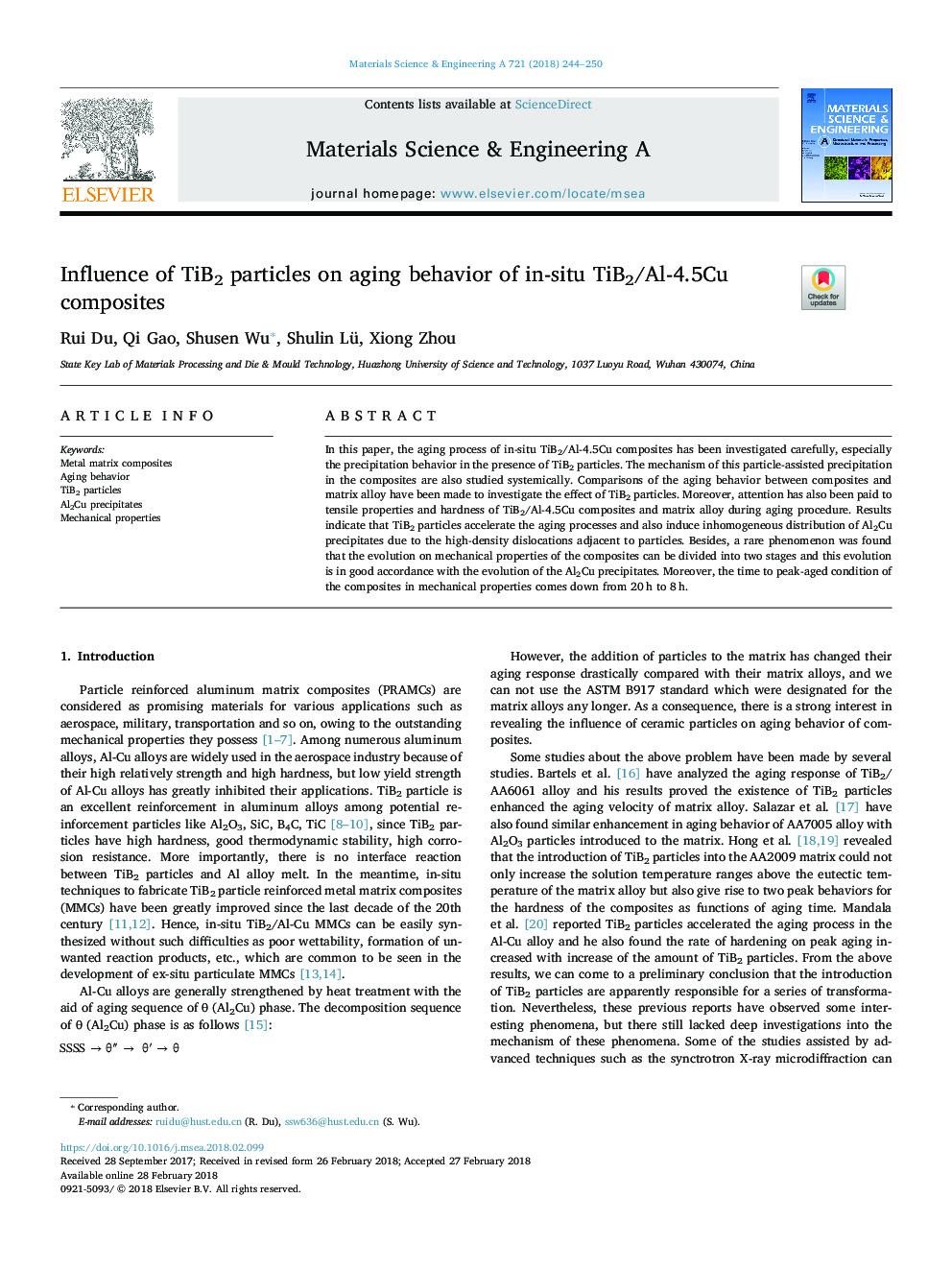 Influence of TiB2 particles on aging behavior of in-situ TiB2/Al-4.5Cu composites