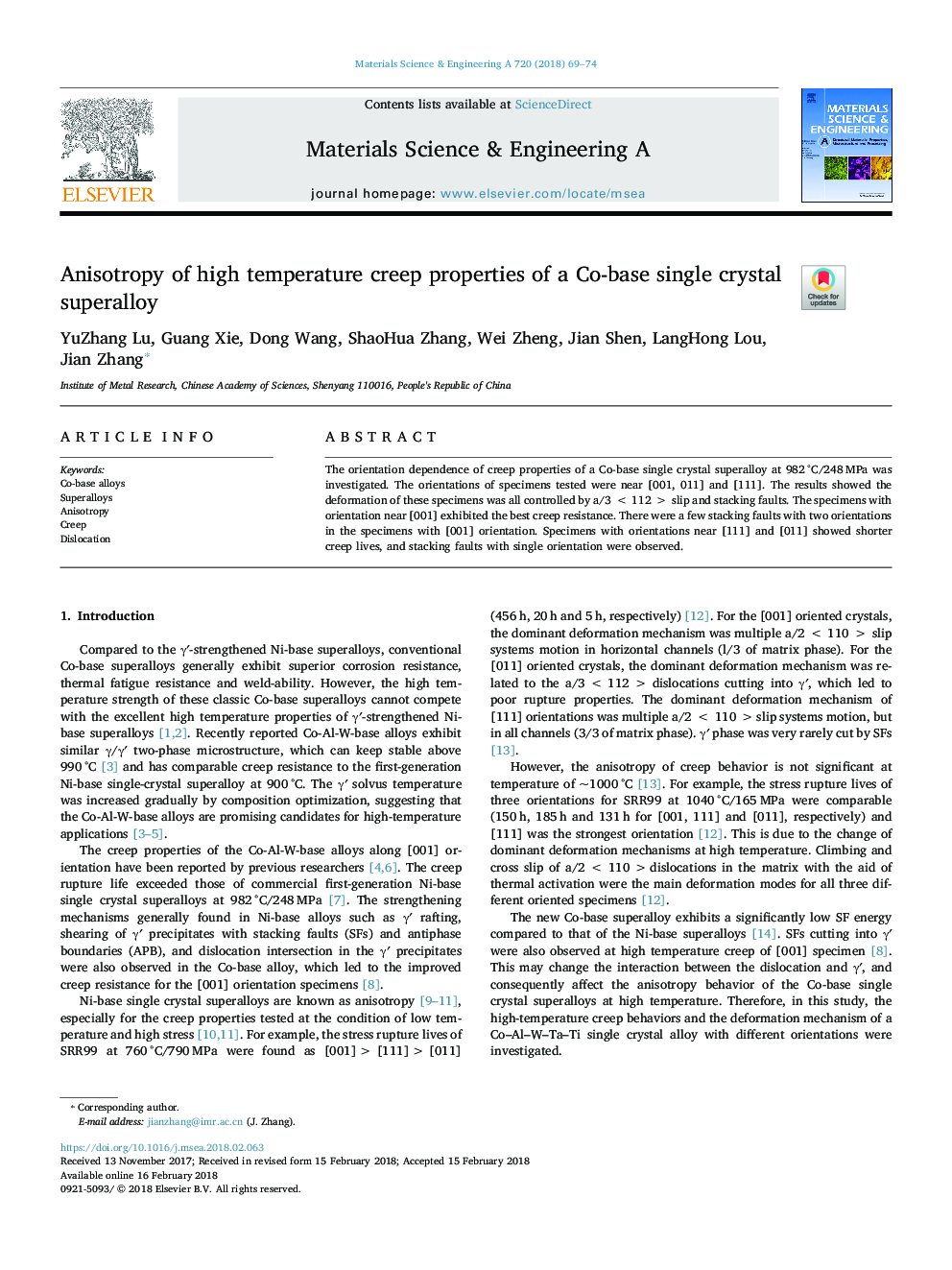 Anisotropy of high temperature creep properties of a Co-base single crystal superalloy