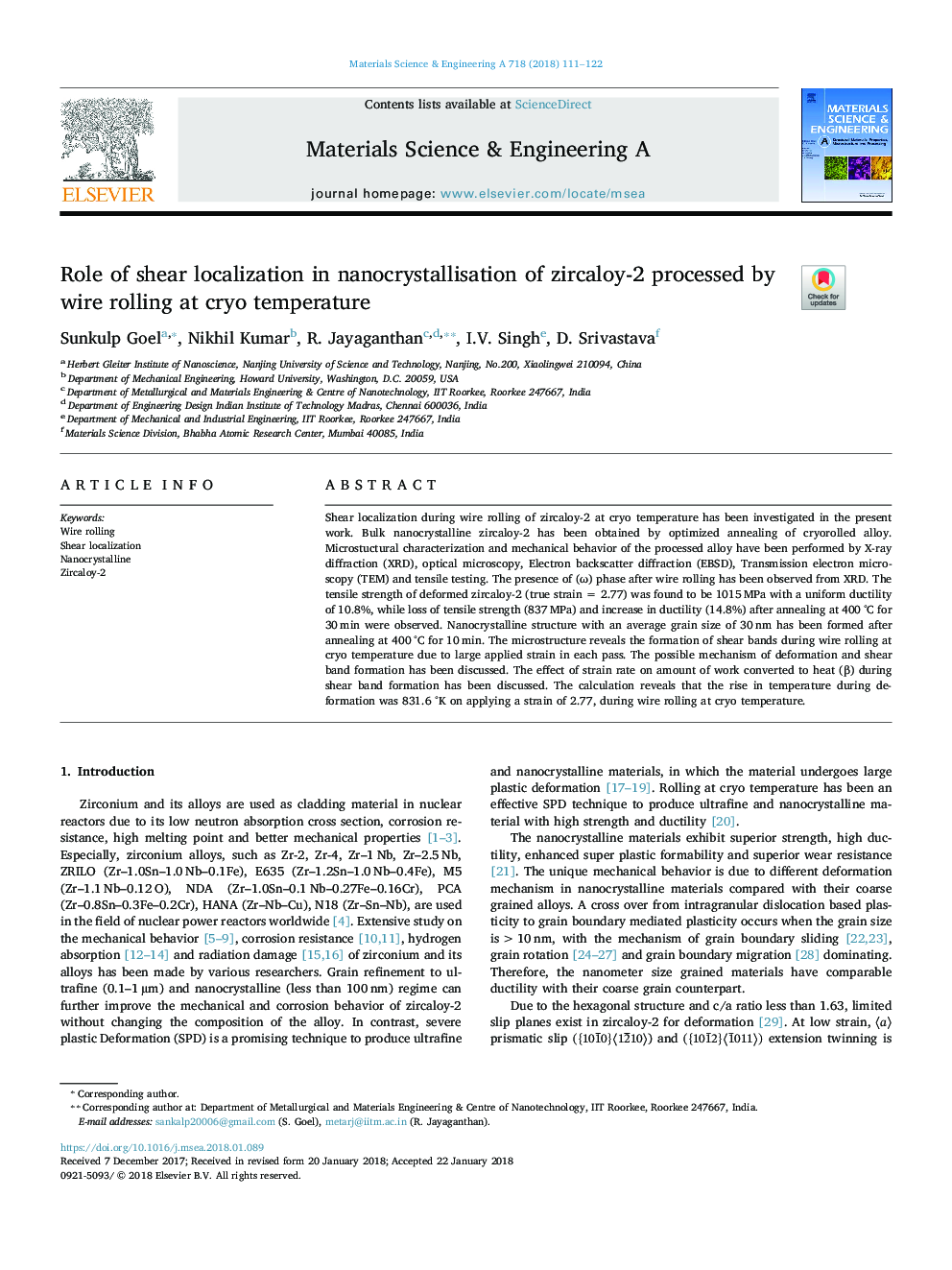 Role of shear localization in nanocrystallisation of zircaloy-2 processed by wire rolling at cryo temperature