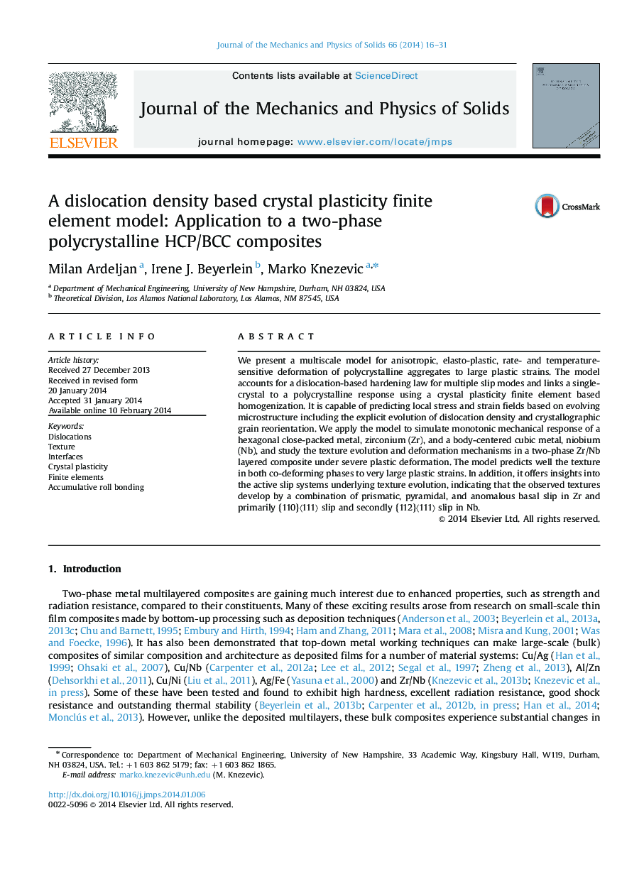 A dislocation density based crystal plasticity finite element model: Application to a two-phase polycrystalline HCP/BCC composites