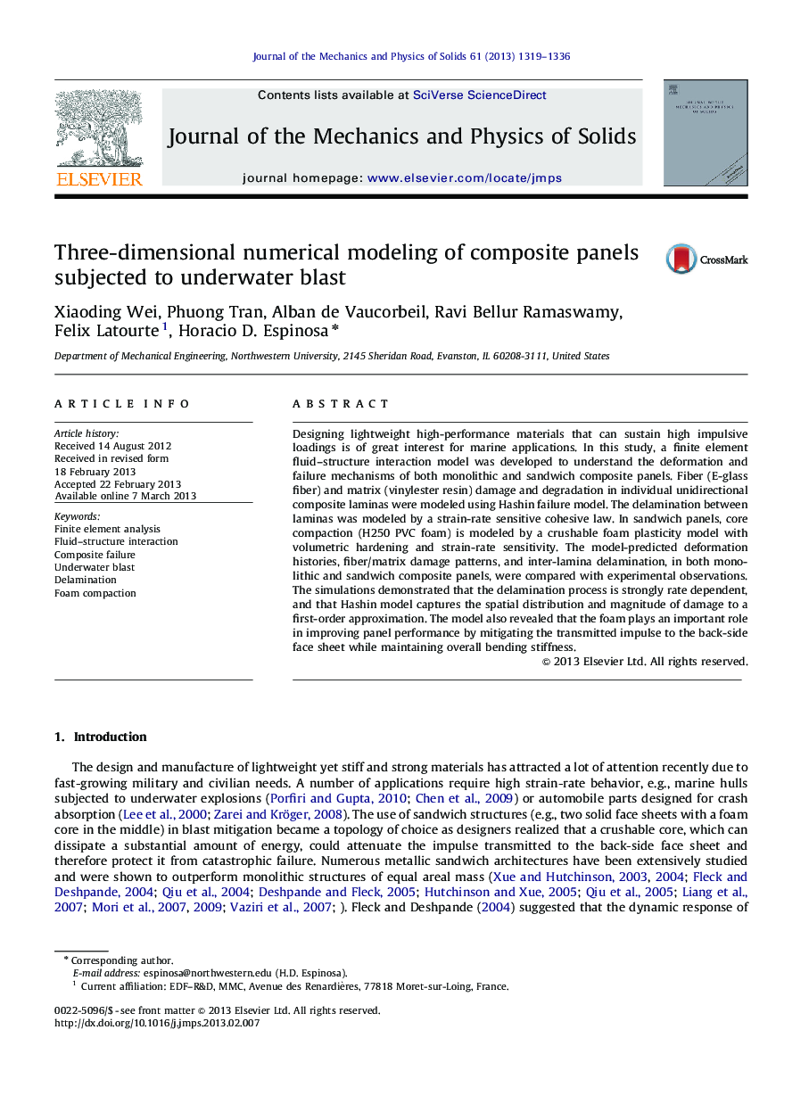 Three-dimensional numerical modeling of composite panels subjected to underwater blast
