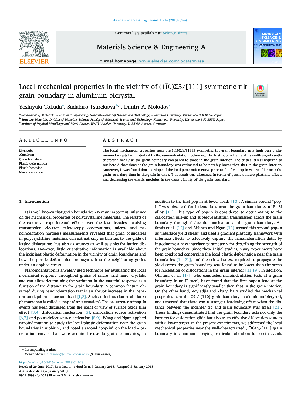 Local mechanical properties in the vicinity of (11Â¯0)Î£3/[111] symmetric tilt grain boundary in aluminum bicrystal