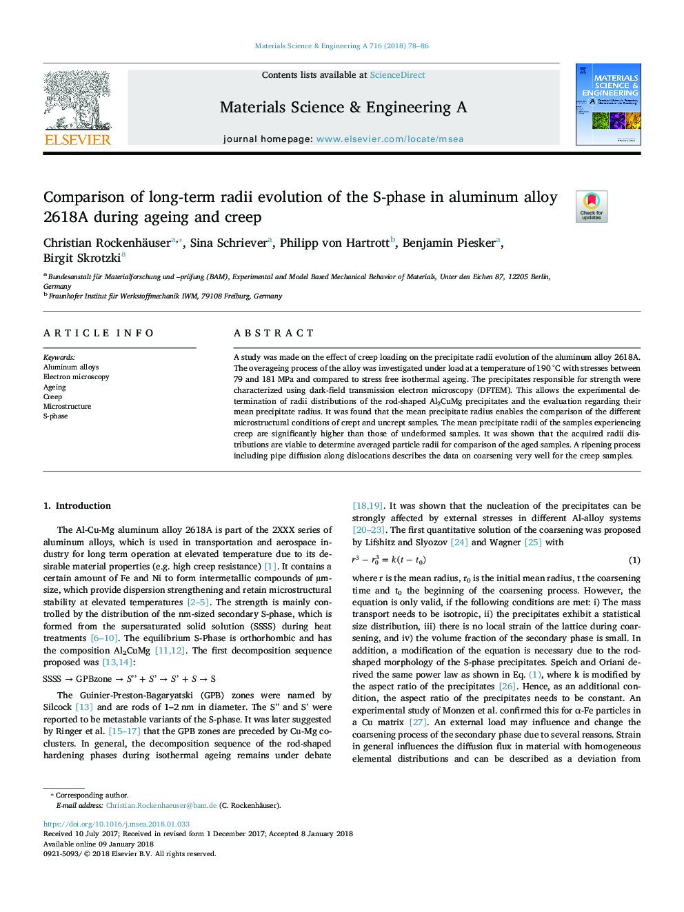 Comparison of long-term radii evolution of the S-phase in aluminum alloy 2618A during ageing and creep