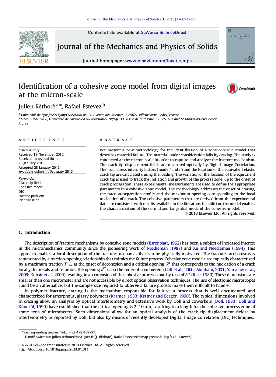 Identification of a cohesive zone model from digital images at the micron-scale