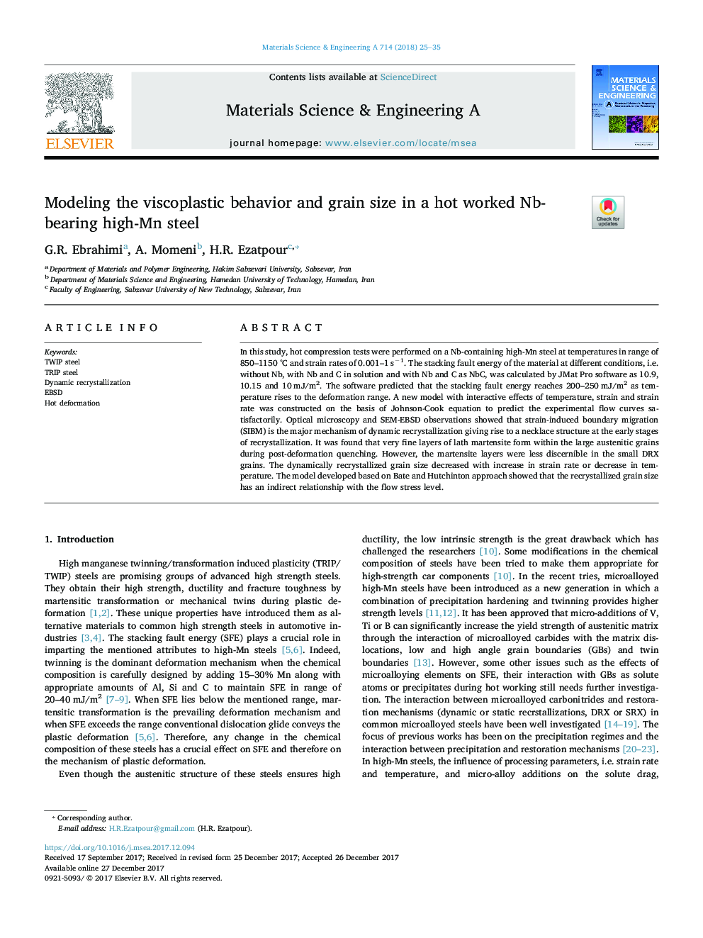 Modeling the viscoplastic behavior and grain size in a hot worked Nb-bearing high-Mn steel