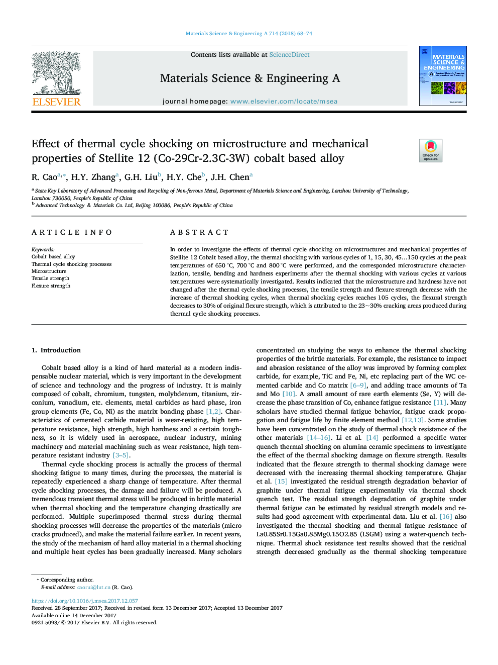 Effect of thermal cycle shocking on microstructure and mechanical properties of Stellite 12 (Co-29Cr-2.3C-3W) cobalt based alloy