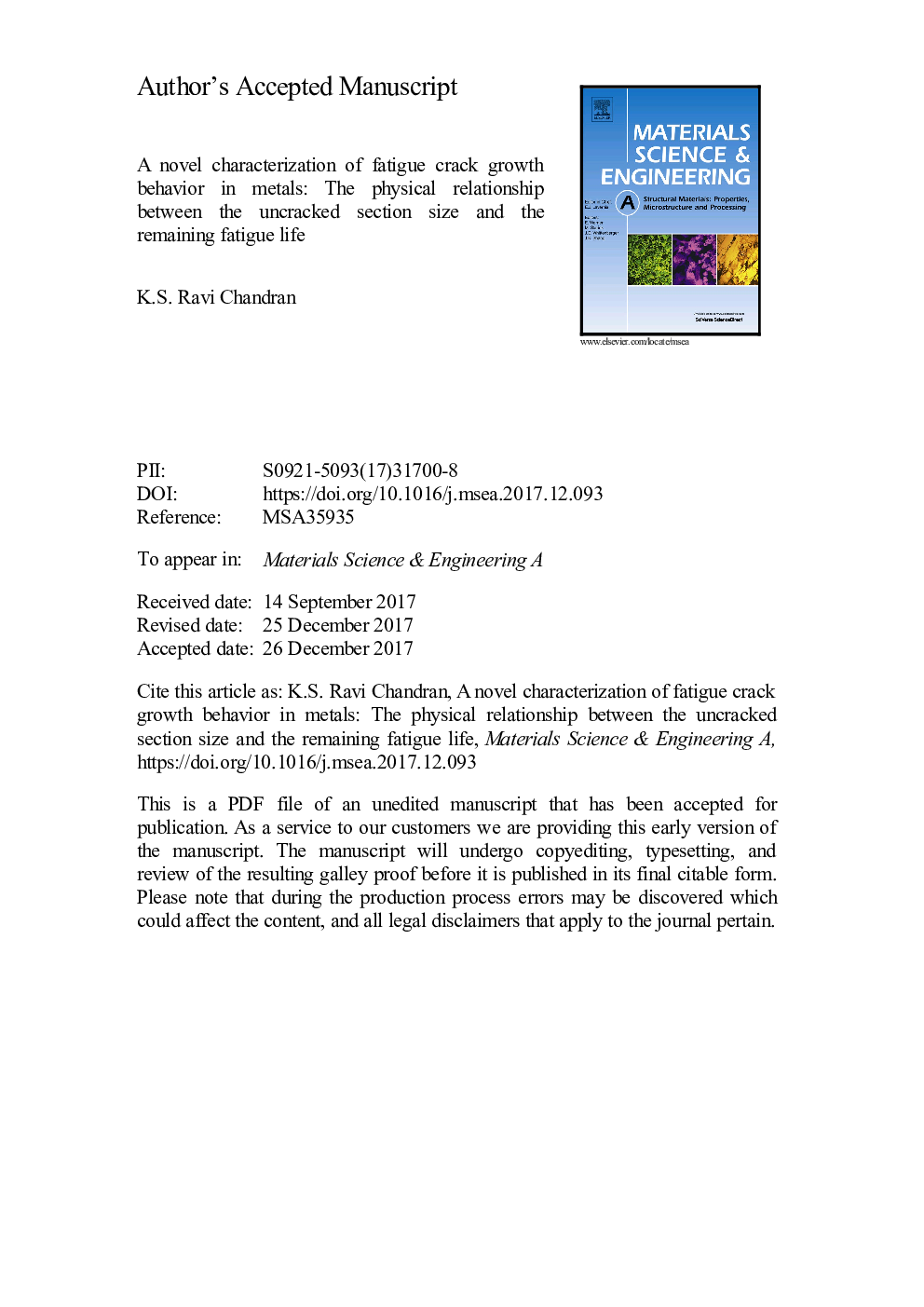 A novel characterization of fatigue crack growth behavior in metallic materials: The physical relationship between the uncracked section size and the remaining fatigue life