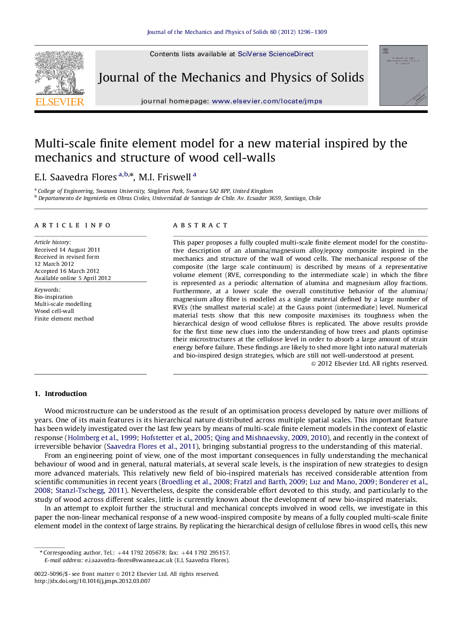 Multi-scale finite element model for a new material inspired by the mechanics and structure of wood cell-walls