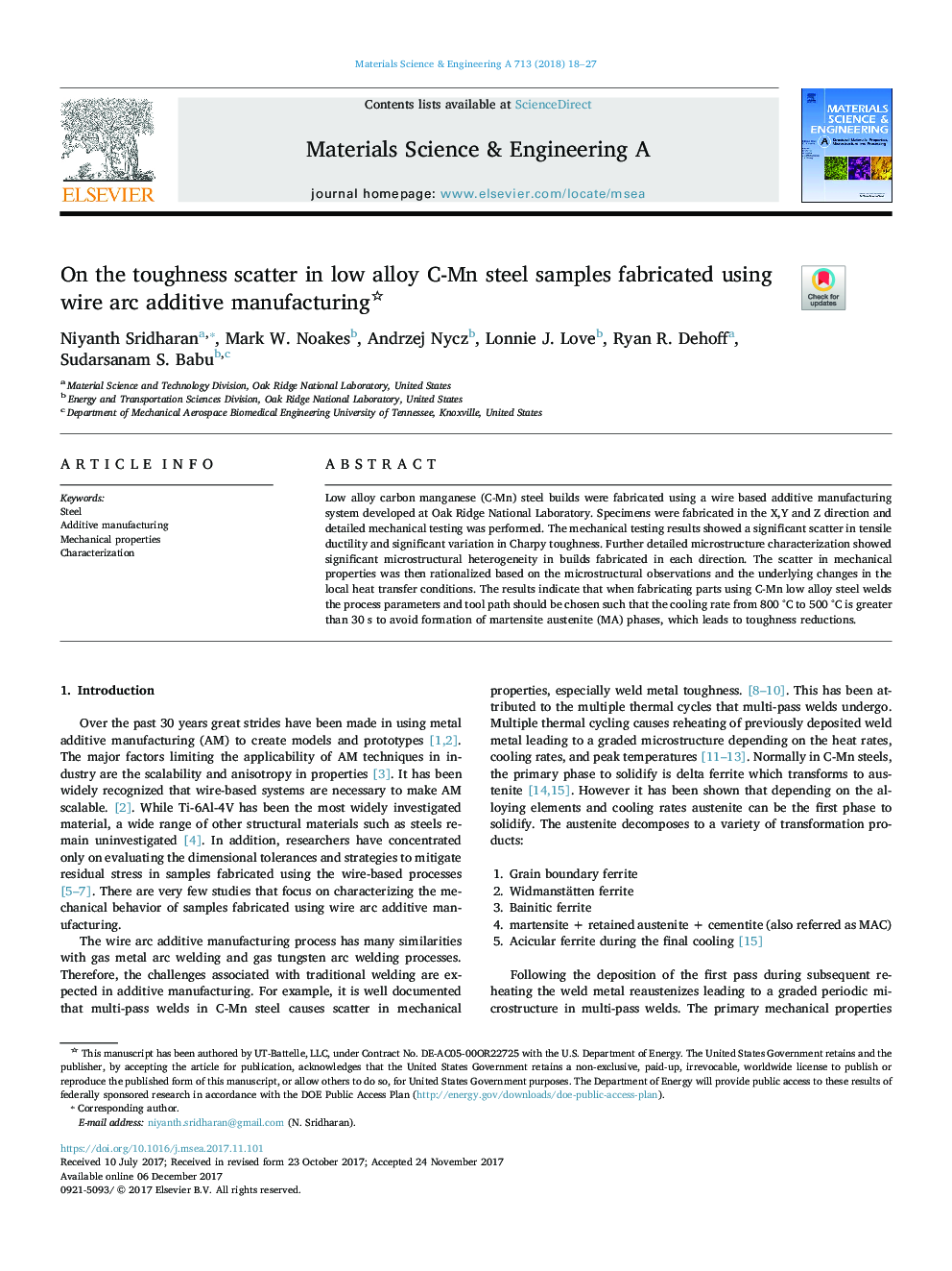 On the toughness scatter in low alloy C-Mn steel samples fabricated using wire arc additive manufacturing