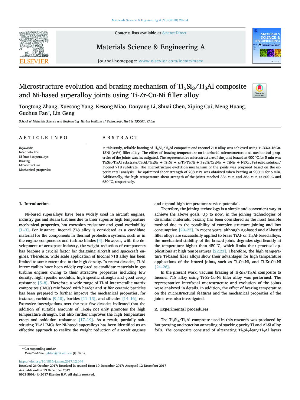 Microstructure evolution and brazing mechanism of Ti5Si3/Ti3Al composite and Ni-based superalloy joints using Ti-Zr-Cu-Ni filler alloy