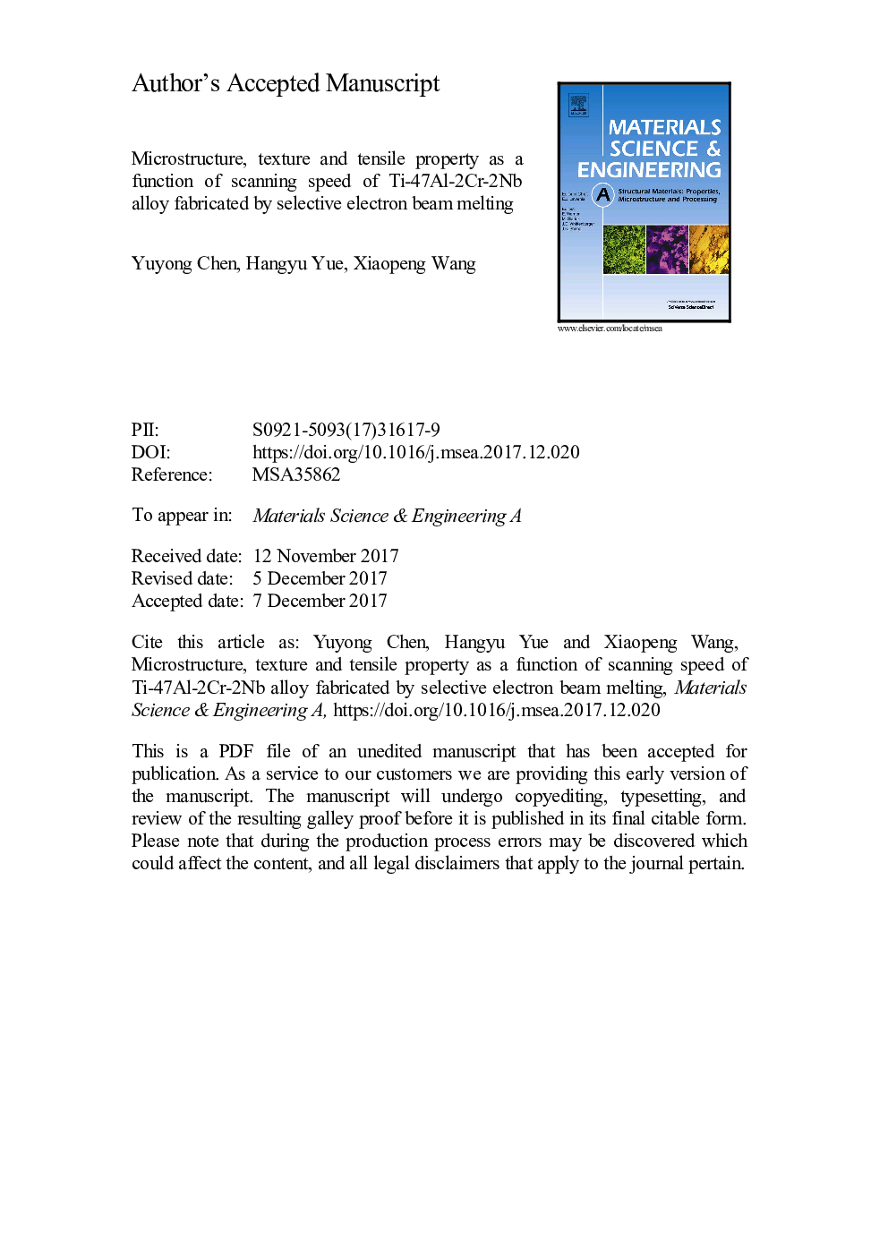 Microstructure, texture and tensile property as a function of scanning speed of Ti-47Al-2Cr-2Nb alloy fabricated by selective electron beam melting