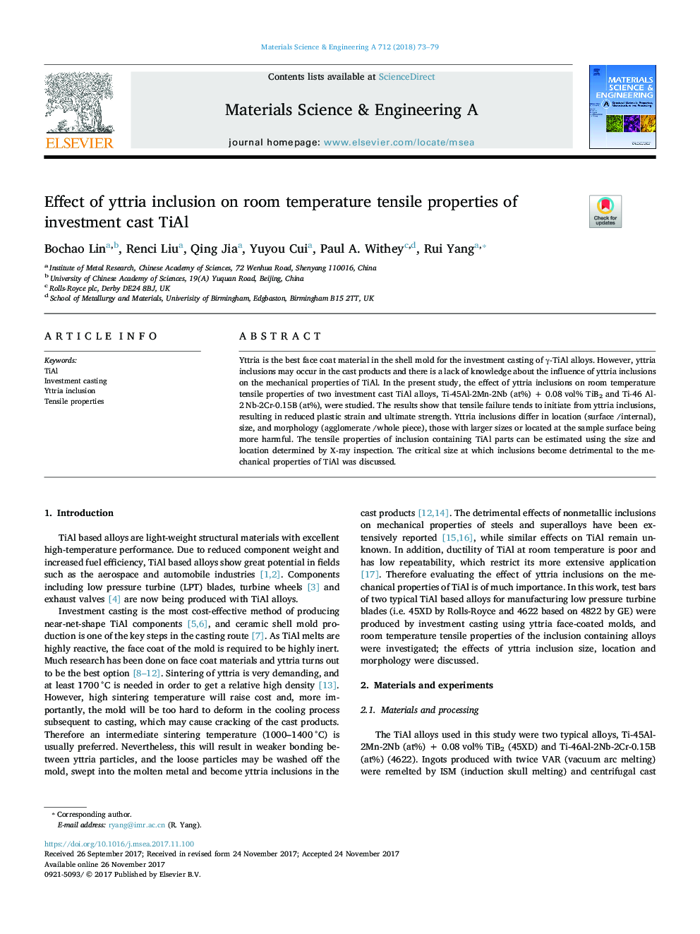 عکس صفحه اول مقاله: Effect of yttria inclusion on room temperature tensile properties of investment cast TiAl Effect of yttria inclusion on room temperature tensile properties of investment cast TiAl
