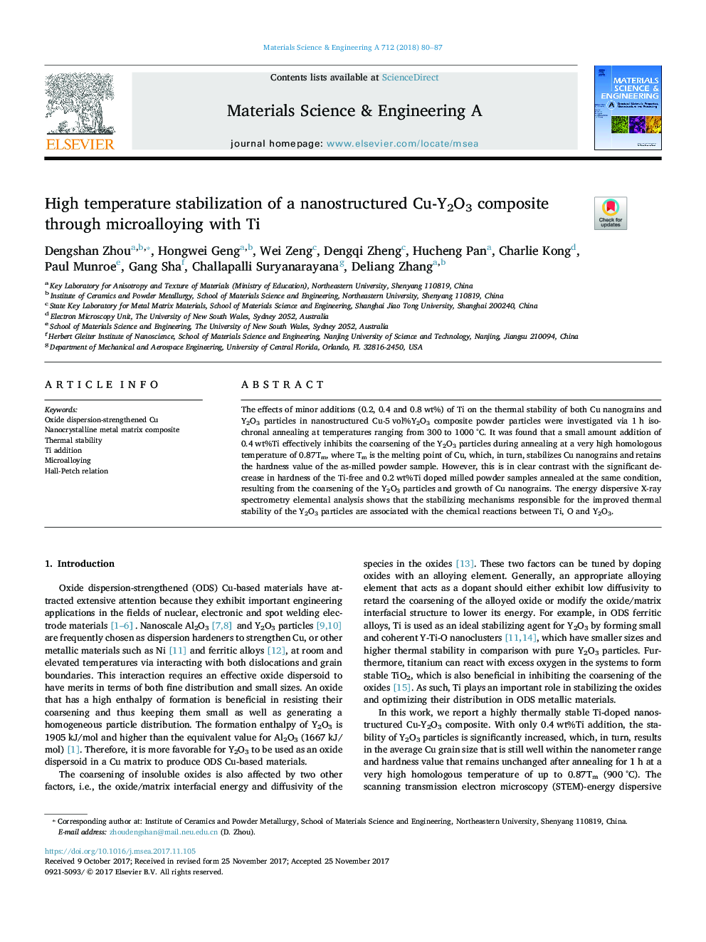 High temperature stabilization of a nanostructured Cu-Y2O3 composite through microalloying with Ti