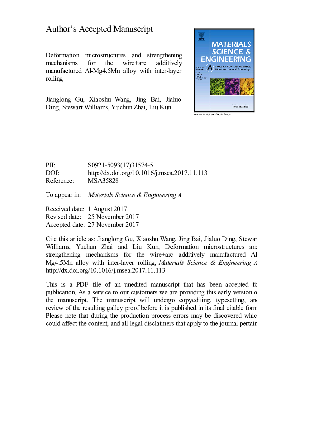 عکس صفحه اول مقاله: Deformation microstructures and strengthening mechanisms for the wire+arc additively manufactured Al-Mg4.5Mn alloy with inter-layer rolling Deformation microstructures and strengthening mechanisms for the wire+arc additively manufactured Al-Mg4.5Mn alloy with inter-layer rolling