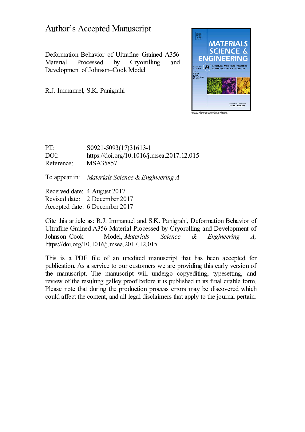 Deformation behavior of ultrafine grained A356 material processed by cryorolling and development of Johnson-Cook model