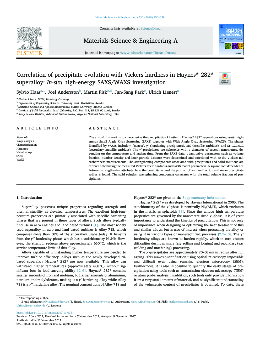 Correlation of precipitate evolution with Vickers hardness in Haynes® 282® superalloy: In-situ high-energy SAXS/WAXS investigation