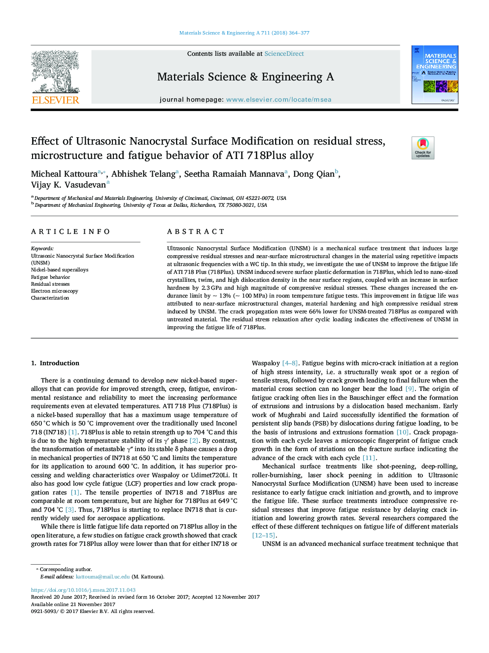 Effect of Ultrasonic Nanocrystal Surface Modification on residual stress, microstructure and fatigue behavior of ATI 718Plus alloy