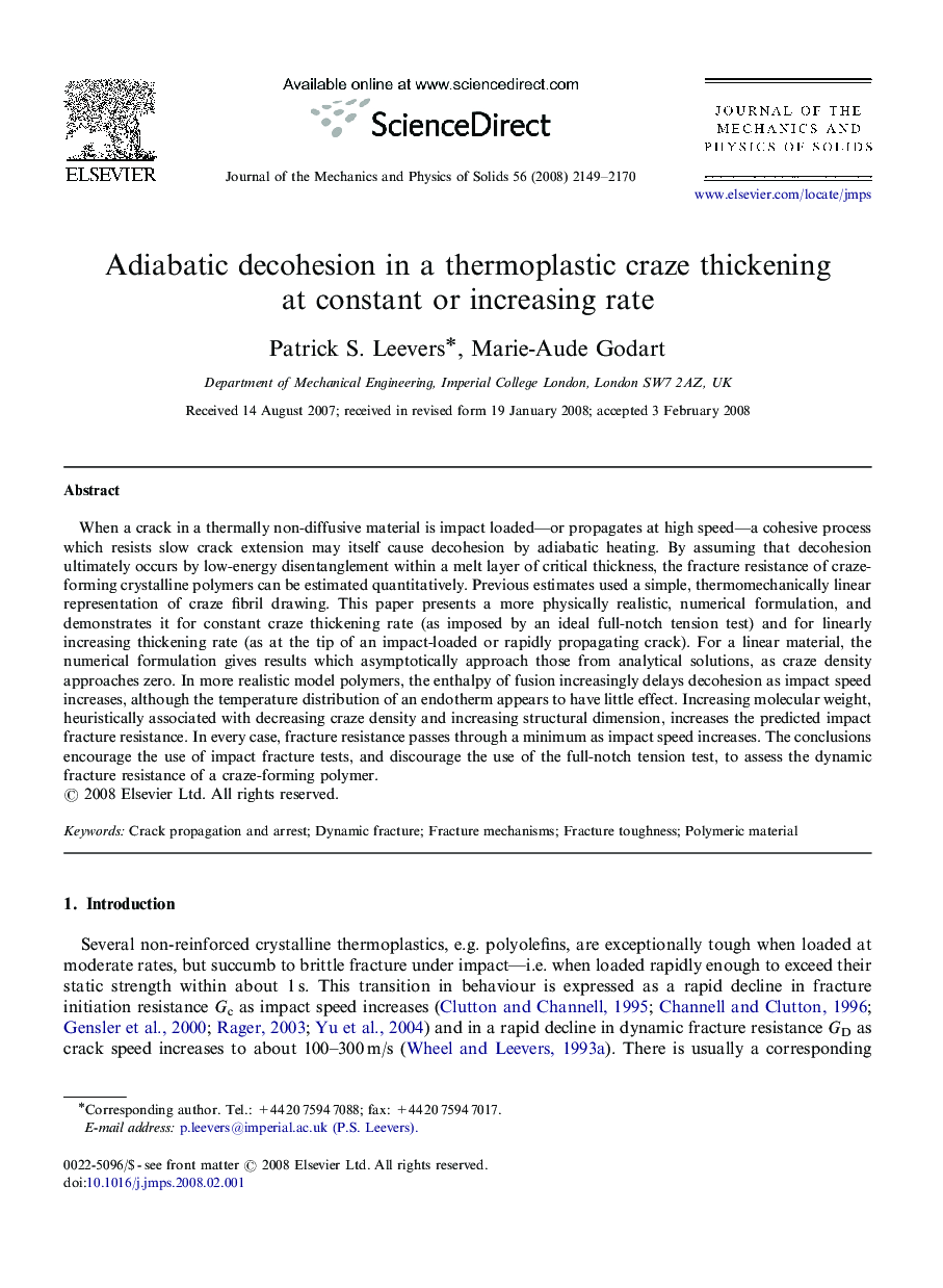 Adiabatic decohesion in a thermoplastic craze thickening at constant or increasing rate