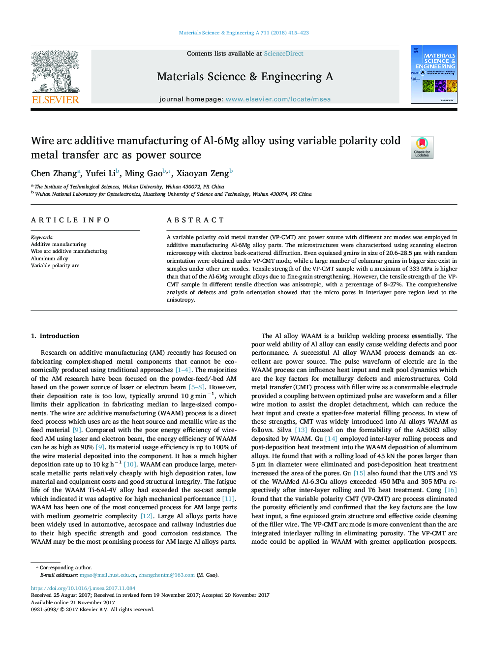 Wire arc additive manufacturing of Al-6Mg alloy using variable polarity cold metal transfer arc as power source