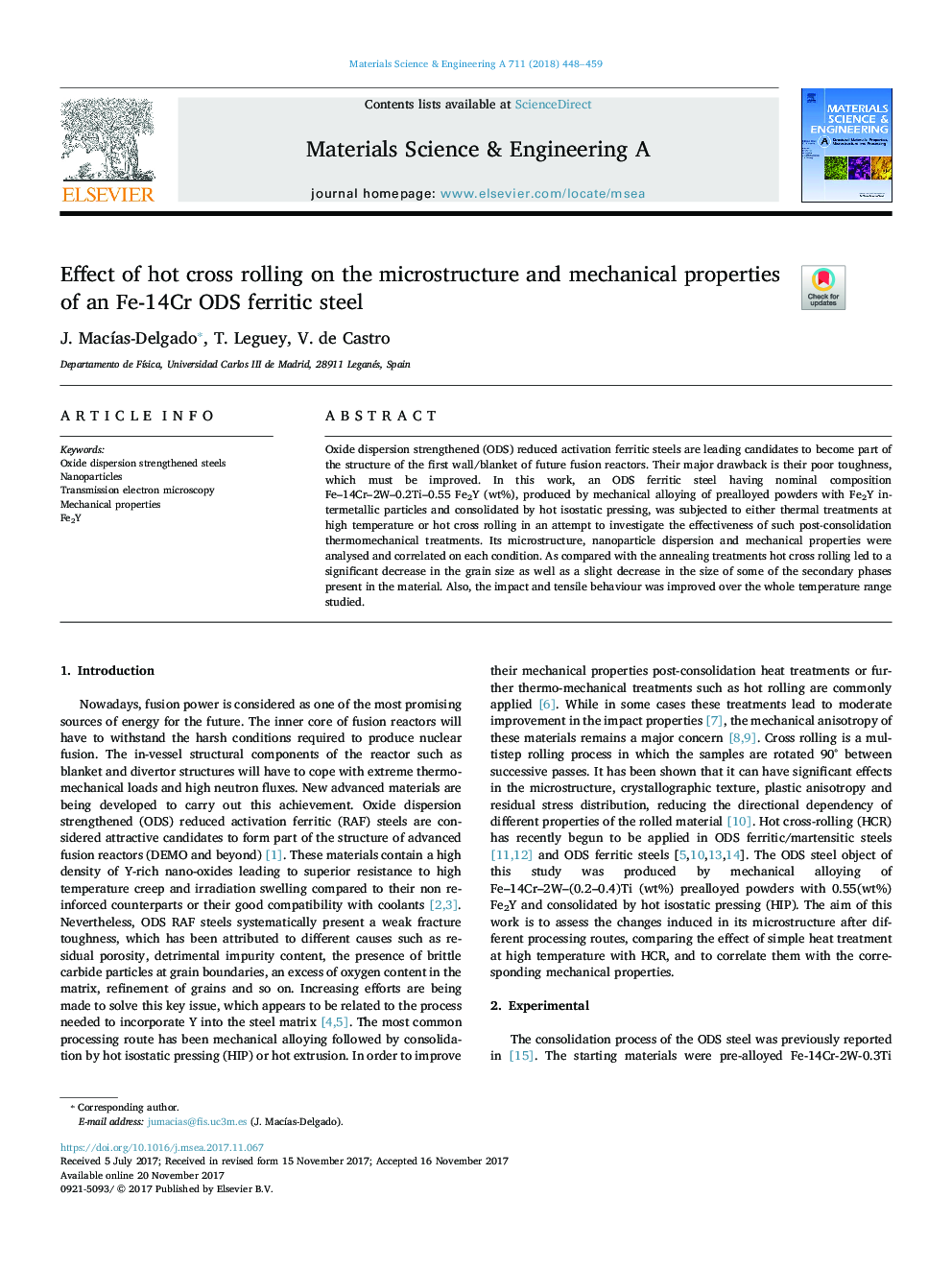 عکس صفحه اول مقاله: Effect of hot cross rolling on the microstructure and mechanical properties of an Fe-14Cr ODS ferritic steel Effect of hot cross rolling on the microstructure and mechanical properties of an Fe-14Cr ODS ferritic steel
