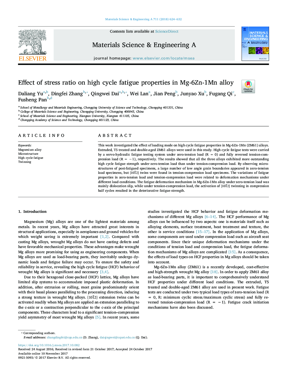 Effect of stress ratio on high cycle fatigue properties in Mg-6Zn-1Mn alloy