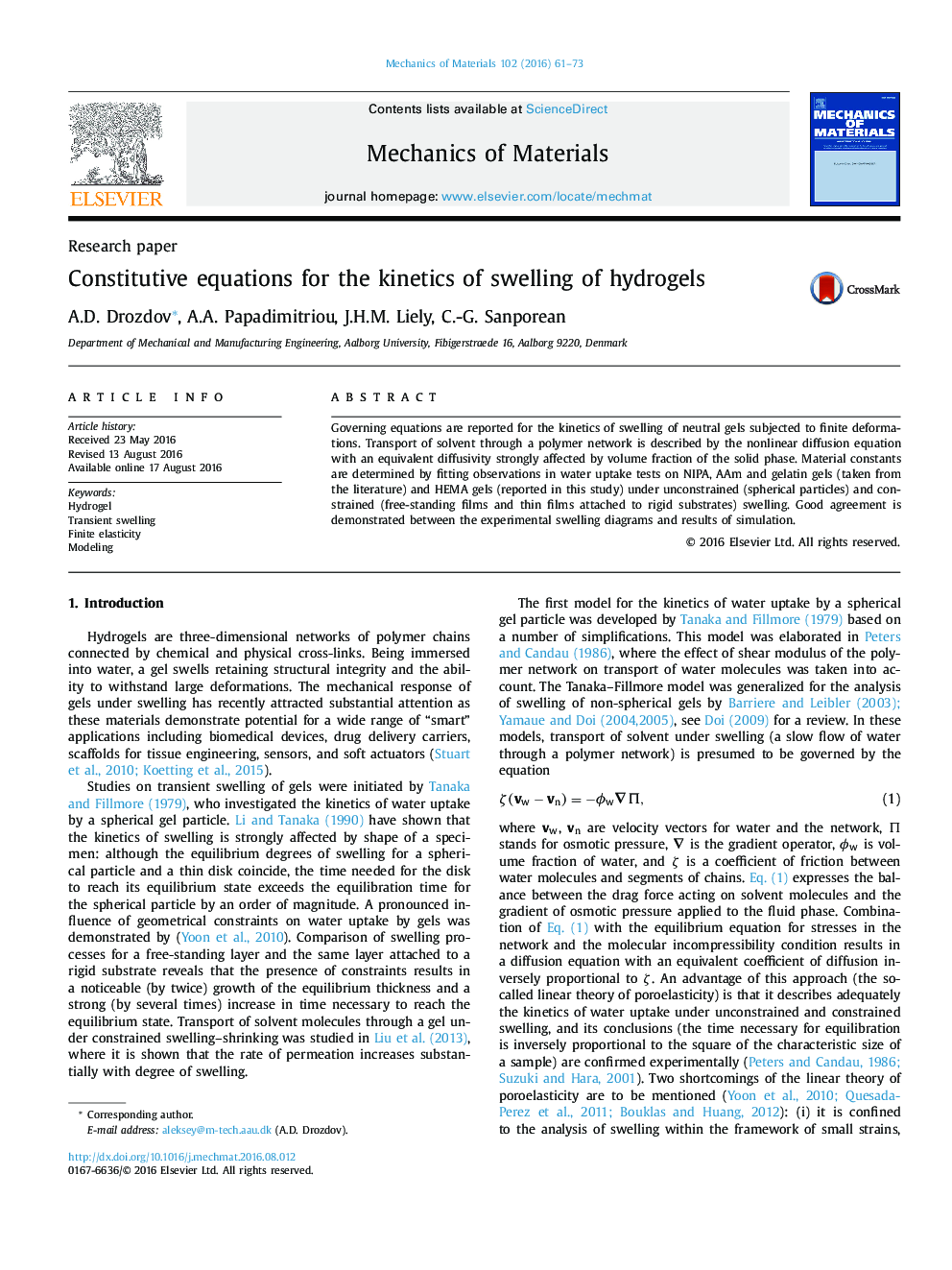 Constitutive equations for the kinetics of swelling of hydrogels