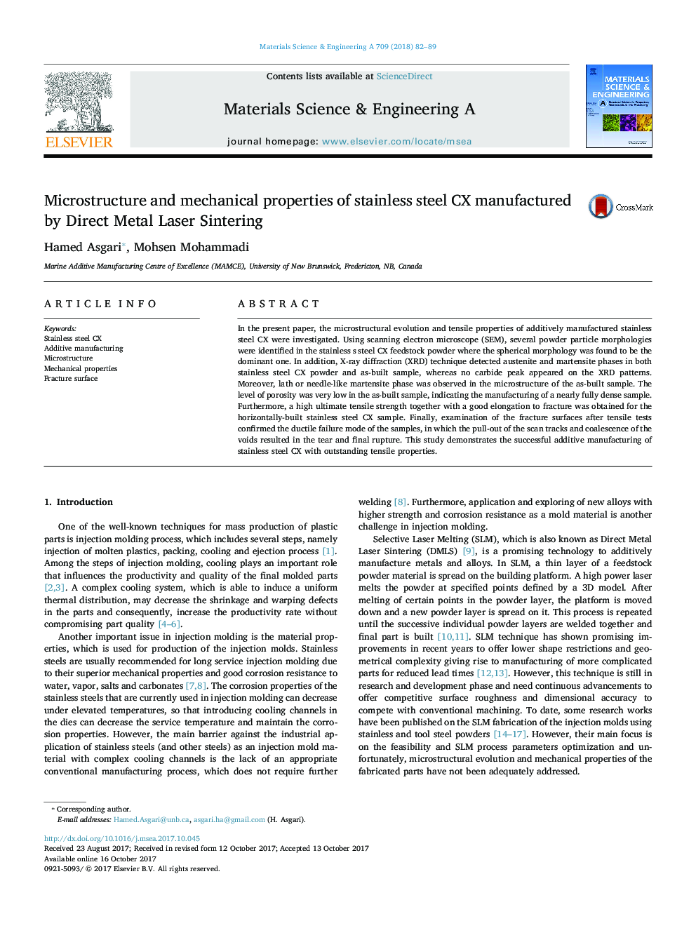 Microstructure and mechanical properties of stainless steel CX manufactured by Direct Metal Laser Sintering