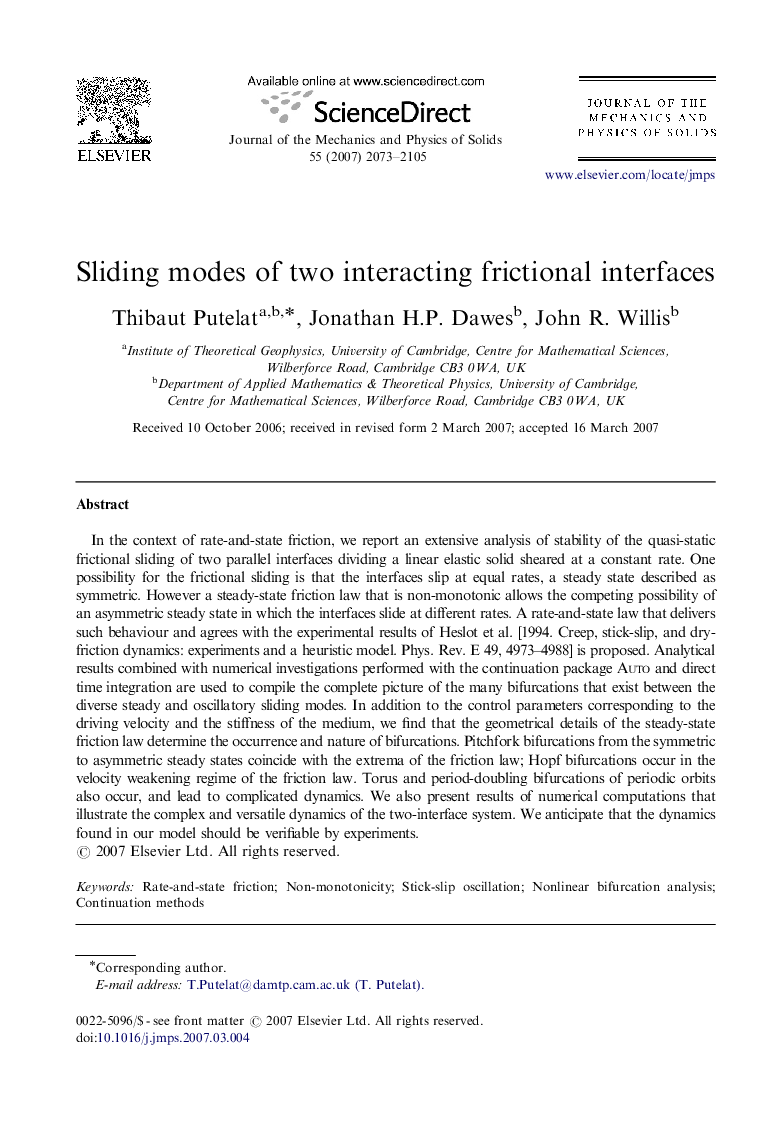 Sliding modes of two interacting frictional interfaces