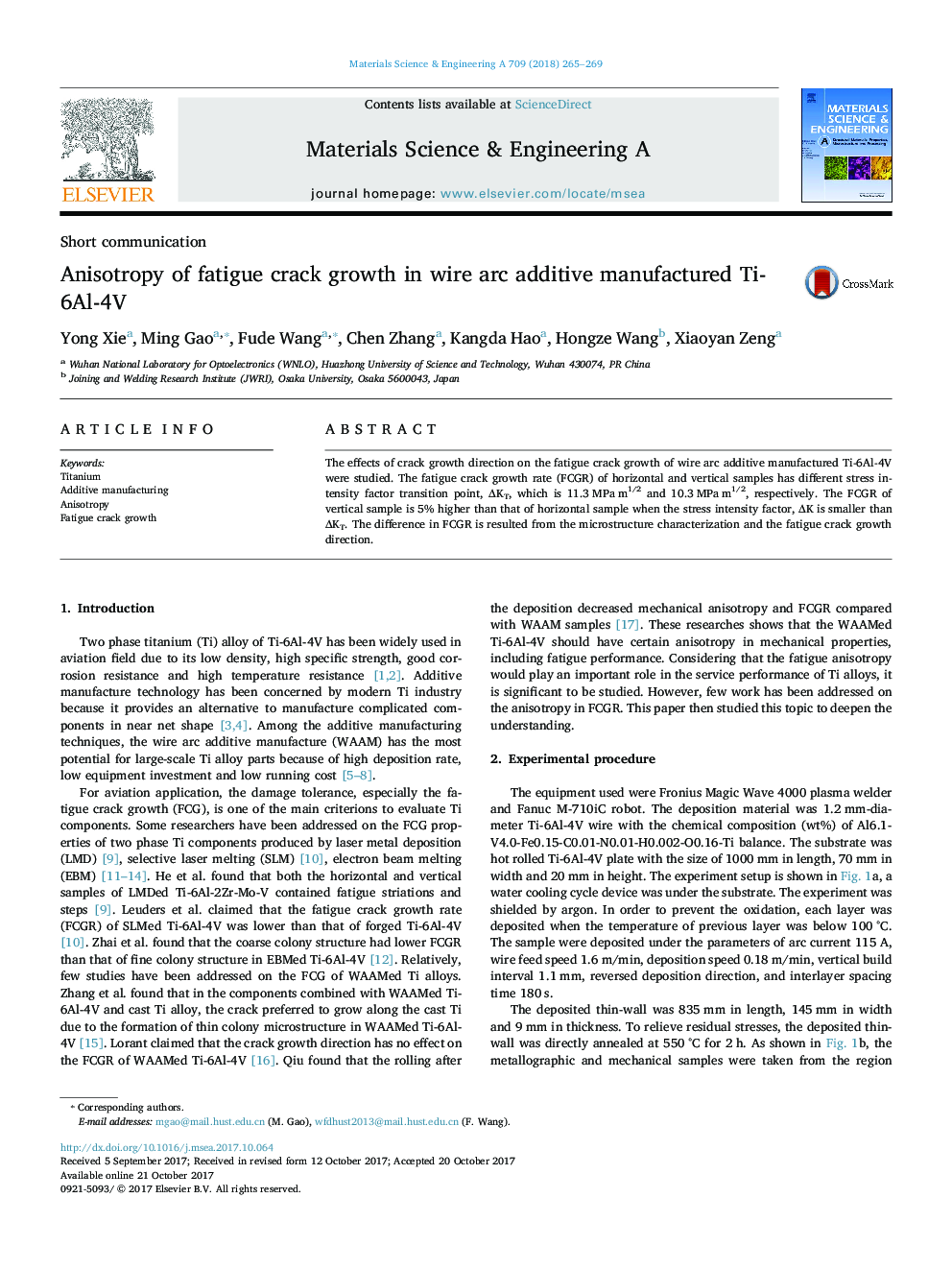 Anisotropy of fatigue crack growth in wire arc additive manufactured Ti-6Al-4V