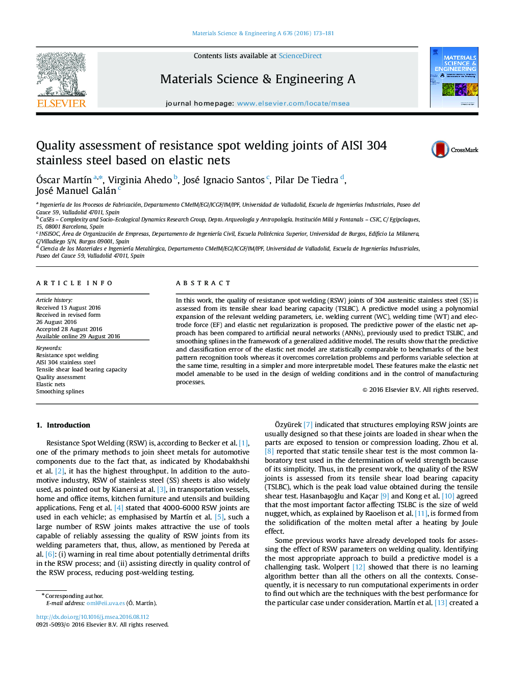 Quality assessment of resistance spot welding joints of AISI 304 stainless steel based on elastic nets