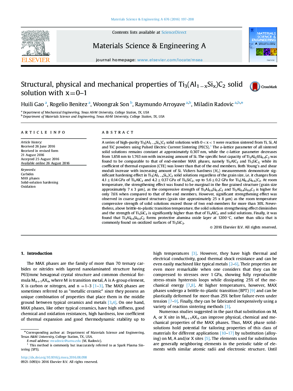 Structural, physical and mechanical properties of Ti3(Al1âxSix)C2 solid solution with x=0-1