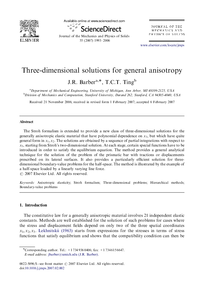 Three-dimensional solutions for general anisotropy