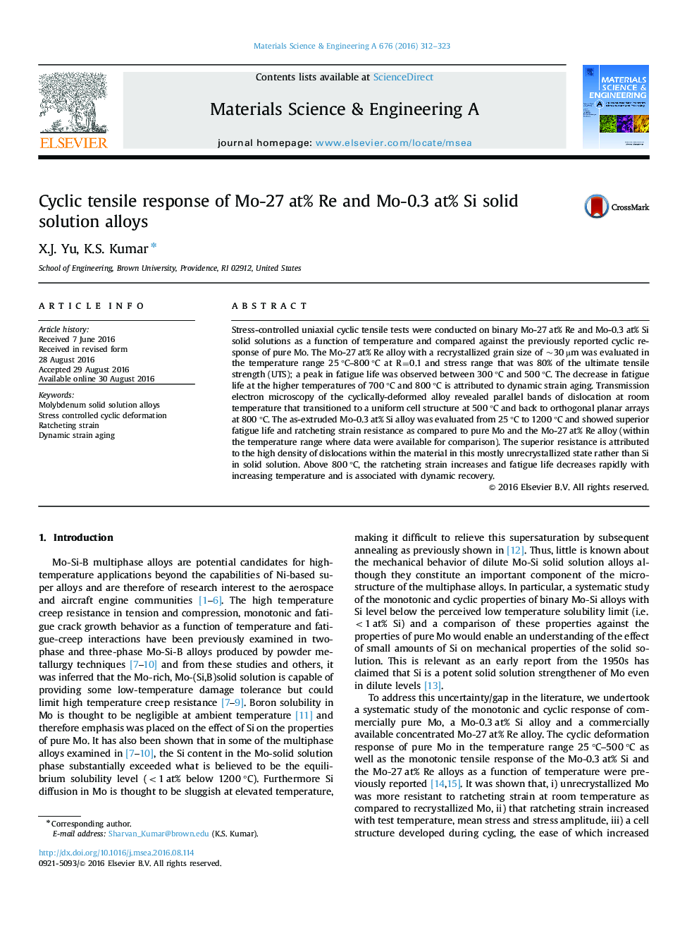 Cyclic tensile response of Mo-27Â at% Re and Mo-0.3Â at% Si solid solution alloys