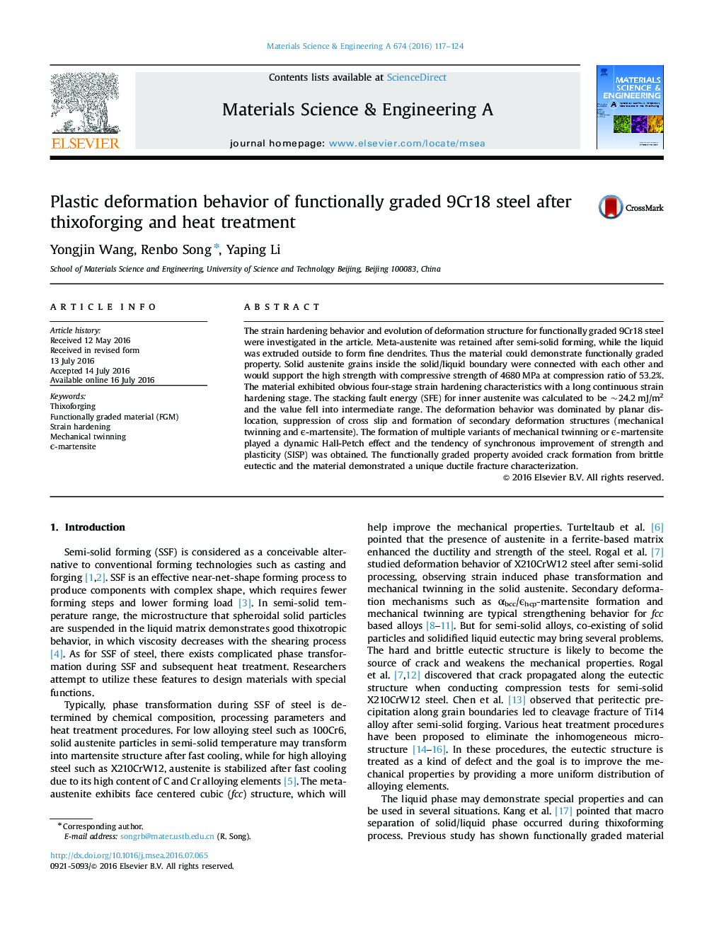 Plastic deformation behavior of functionally graded 9Cr18 steel after thixoforging and heat treatment