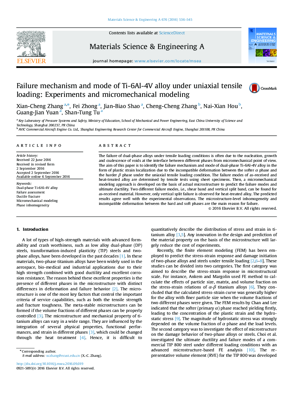 Failure mechanism and mode of Ti-6Al-4V alloy under uniaxial tensile loading: Experiments and micromechanical modeling