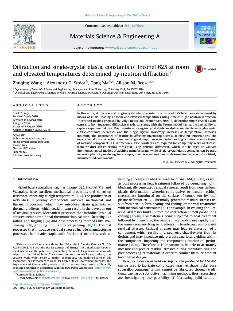 Diffraction and single-crystal elastic constants of Inconel 625 at room and elevated temperatures determined by neutron diffraction