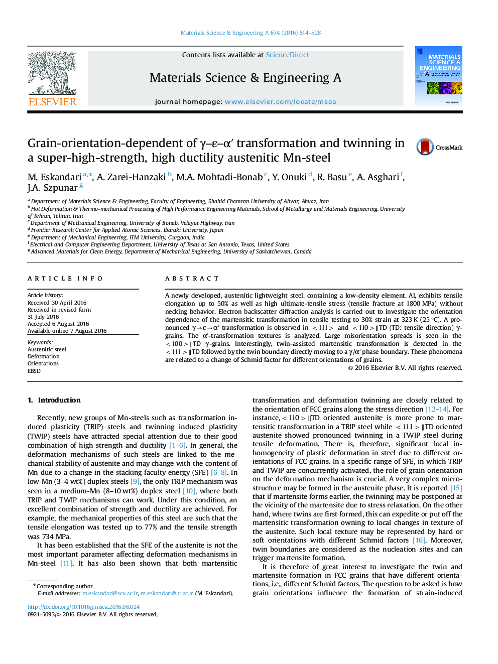 Grain-orientation-dependent of Î³-Îµ-Î±â² transformation and twinning in a super-high-strength, high ductility austenitic Mn-steel