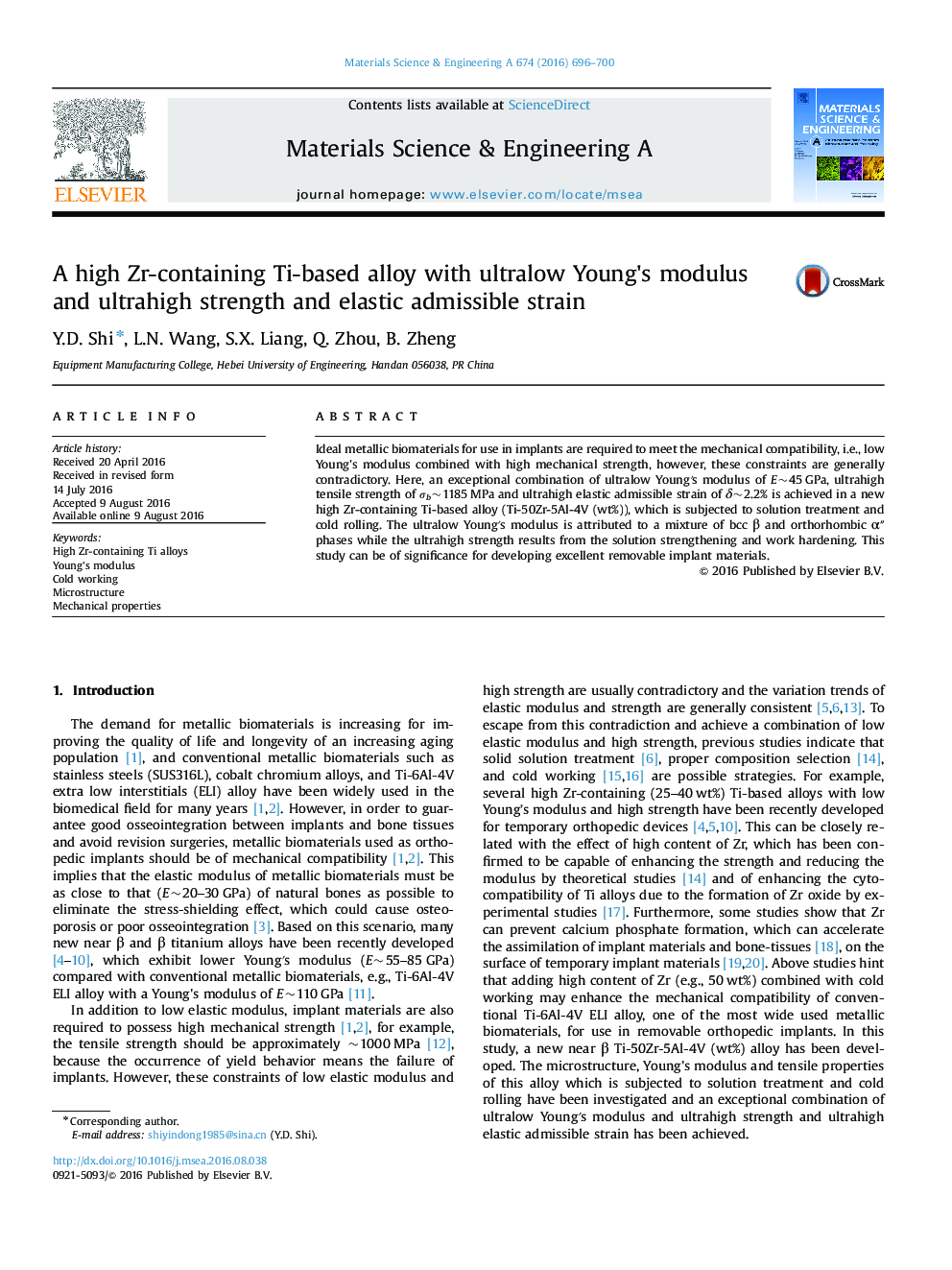 A high Zr-containing Ti-based alloy with ultralow Young's modulus and ultrahigh strength and elastic admissible strain