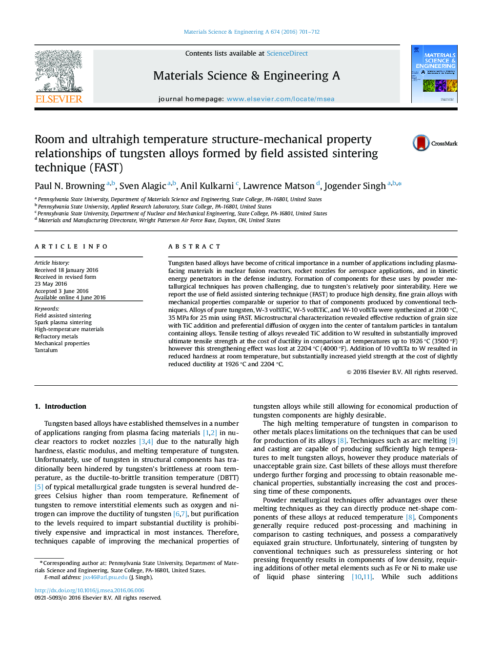 Room and ultrahigh temperature structure-mechanical property relationships of tungsten alloys formed by field assisted sintering technique (FAST)